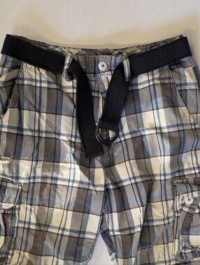 American Rag Plaid Cargo Shorts with Black Web Belt - Gray & Blue